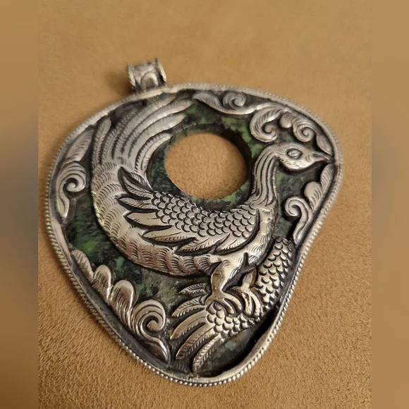 Tibetan Turquoise & Repoussé Silver Bird Pendant